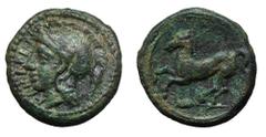 Sicily, Kamarina Æ Tetras. Circa 339-300 BC. Helmeted head of Athena left / Horse galloping left. Westermark and Jenkins 209; BMC 43; Laffaille 156; Morcom -. 3.20g, 15mm, 7h. Good Very Fine. Rare. Fr