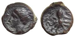 Sicily, Syracuse Æ Tetras. Second Democracy. Circa 440-430 BC. Head of Arethusa left, dolphins flanking / Octopus. Boehringer 623; CNS 12; SNG ANS -; Lindgren 551; Morcom 694; Hunter 36. 3.25g, 14mm, 