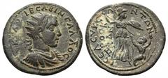 Trebonianus Gallus Æ30 of Seleucia ad Calycadnum, Cilicia. AD 251-253. Radiate, draped and cuirassed bust right / Athena advancing right, thrusting spear at serpent-legged giant throwing stones. SNG L