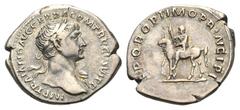 Trajan AR Denarius. Rome, AD 112-113. IMP TRAIANO AVG GER DAC P M TR P COS VI P P, laureate bust right, drapery on far shoulder / SPQR OPTIMO PRINCIPI, equestrian statue of Trajan (equus Traiani of Tr
