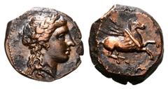 Sicily, Syracuse Æ Tetras. Third Democracy, 336-317 BC. Laureate head of Apollo right / Pegasos flying right, A (For Agathokles) below. Calciati Lv 1/1; SNG Munich 1185. 3.14g, 15mm, 2h. Beautiful sty