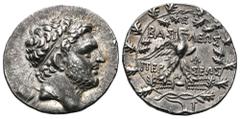 Kingdom of Macedon. Perseus AR Tetradrachm. Pella or Amphipolis, circa 173-171 BC. Diademed head of Perseus right / Eagle standing to right on thunderbolt, BA?I?E?? ?EP?E?? around; TE monogram above, 