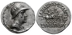 Baktria, Greco-Baktrian Kingdom. Eukratides I Megas AR Tetradrachm. Circa 170-145 BC. Diademed and draped bust right, wearing crested helmet adorned with bull's horn and ear / The Dioskouroi on horseb