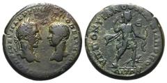 Macrinus and Diadumenian Æ27 of Marcianopolis, Moesia Inferior. AD 217-218. Confronted busts of Macrinus, laureate, and Diadumenian, bare-headed / Artemis standing right, holding bow and drawing arrow