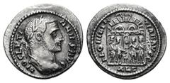 Diocletian AR Argenteus. Alexandria, AD 298. Laureate head of Diocletian (with features of the usurper Domitius Domitianus) right / PROVIDEN-TIAE AVGG, The four tetrarchs sacrificing over tripod befor