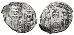 Constans II AR Hexagram. Thessalonica or Syracuse, AD 659-668. d N CONSTANTI C CON, Facing busts of Constans II, with long beard, to left and Constantine IV, beardless, to right, each wearing chlamys 