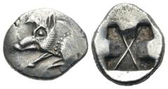 Dynasts of Lycia. Uncertain Dynast AR Third Stater. Circa 520-470/60 BC. 'Predynastic' period. Forepart of boar left / Incuse square divided by large X, indentations on three sides. Falghera 20; SNG C