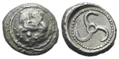 Dynasts of Lycia. Uncertain dynast AR Stater. Circa 480-430 BC. Pegasos flying left; pellet below; all on raised round shield / Triskeles within circular incuse. Falghera 73 var. (no pellet on obv., r