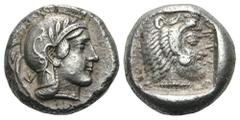 Dynasts of Lycia. Kherei AR Stater. Telmessos, circa 410-390 BC. Helmeted head of Athena right; KH (in Lycian) behind and on neck guard / Bearded head of Herakles right, wearing lion skin; KHERẼI (in 