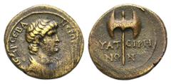 Nero Æ17 of Thyateira, Lydia. AD 54-68. Bareheaded bust right / Bipennis in between city-legend. BMC 62; SNG Copenhagen 597. 3.03g, 17mm, 1h. Good Very Fine. Rare.