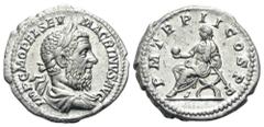 Macrinus AR Denarius. Rome, AD 217-218. IMP C M OPEL SEV MACRINVS AVG, laureate, draped and cuirassed bust right / P M TR P II COS P P, Macrinus seated left on curule chair, holding globe and short sc