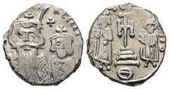 Constans II AR Hexagram. Thessalonica or Syracuse, AD 659-668. d N CONSTANTI C CON, Facing busts of Constans II, with long beard, to left and Constantine IV, beardless, to right, each wearing chlamys 