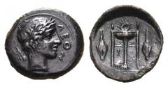 Sicily, Leontini Æ Tetras. Circa 405-402 BC. ΛEON, laureate head of Apollo right; laurel leaf with berry behind / Tripod, lyre behind central leg, barley grain on either side; three pellets in exergue