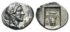 Lycia, Patara as member of the Lycian League AR Drachm. Circa 167-100 BC. Laureate head of Apollo right, with bow and quiver over shoulder / Kithara; star to lower right; all within incuse square. Tro