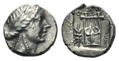 Lycia, Limyra as member of the Lycian League AR Drachm. Circa 167-100 BC. Laureate head of Apollo right, with bow and quiver over shoulder / Kithara; thunderbolt to lower left, branch to lower right; 