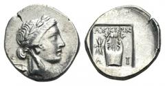 Lycia, Limyra as member of the Lycian League AR Drachm. Circa 167-100 BC. Laureate head of Apollo right; bow and quiver over shoulder / Kithara; thunderbolt to left; all within incuse square. Troxell,