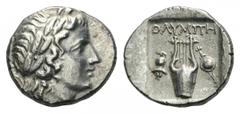 Lycia, Olympos as member of the Lycian League AR Drachm. Circa 167-100 BC. Laureate head of Apollo right; [bow and quiver] over shoulder / Kithara; helmet to lower left, sword and shield to lower righ