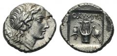 Lycia, Olympos as member of the Lycian League AR Drachm. Circa 167-100 BC. Laureate head of Apollo right; bow and quiver over shoulder / Kithara; helmet to lower left, sword and shield to lower right;