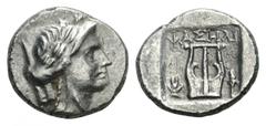 Lycia, Phaselis as member of the Lycian League AR Drachm. Circa 167-100 BC. Laureate head of Apollo right, bow and quiver over shoulder / Kithara; Isis crown to left, torch to right; all within incuse