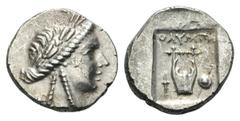 Lycia, Olympos as member of the Lycian League AR Drachm. Circa 167-100 BC. Laureate head of Apollo right, with bow and quiver over shoulder / Kithara; torch to lower left, sword behind shield to lower