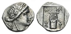 Lycia, Phaselis as member of the Lycian League AR Drachm. Circa 167-100 BC. Laureate head of Apollo right; bow and quiver over shoulder / Kithara; thunderbolt to left; torch to right; all within incus