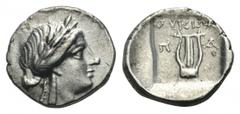 Lycia, Patara as a member of the Lycian League AR Drachm. Circa 167-81 BC. Laureate head of Apollo right / City initials Π-Α on either side of kithara, ΛVKIΩΝ above; all within shallow incuse square. 