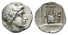Lycia, Olympos as member of the Lycian League AR Drachm. Circa 167-81 BC. Laureate head of Apollo right / Kithara, OΛVΜΠΗ above, palm branch to left, trophy to right, all within shallow incuse square.