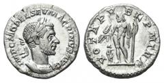 Macrinus AR Denarius. Rome, AD 217. IMP C M OPEL SEV MACRINVS AVG, laureate and cuirassed bust right / IOVI CONSERVATORI, Jupiter standing left, holding thunderbolt and sceptre; diminutive figure of M