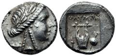 Lycia, Olympos AR Drachm. Circa 167-100 BC. Pseudo-League coinage. Laureate head of Apollo right, with bow and quiver over shoulder / Kithara; torch to lower left, sword behind shield to lower right; 