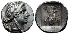 Lycia, Phaselis AR Drachm. Circa 167-100 BC. Pseudo-League coinage. Laureate head of Apollo right; bow and quiver over shoulder / Kithara; thunderbolt to left; torch to right; all within incuse square