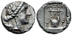Lycia, Phaselis AR Drachm. Circa 167-100 BC. Pseudo-League coinage. Laureate head of Apollo right; bow and quiver over shoulder / Kithara; thunderbolt to left; torch to right; all within incuse square