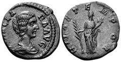 Didia Clara Augusta AR Denarius. Rome, AD 193. Struck under Didius Julianus. DIDIA CLA – RA AVG, Draped bust right / HILAR – TEMPOR, Hilaritas standing left, holding long palm frond and cornucopia. RI