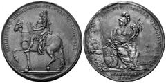 Italy, Napoli. Felipe V Di Spagna AR Medaglia. Struck AD 1702. Die engraved by Antonio de Lanuario. The king in ancient armour riding to the left / Minerva sits in local landscape and relies on a shie