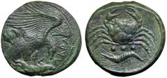 Sicily, Akragas Æ Tetras. Circa 420-406 BC. AKPA, eagle, with head lowered, standing right on hare; crab behind / Crab, crayfish left below; three pellets below crab. SNG ANS 1037; Calciati I pg. 178,