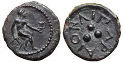 Islands off Sicily, Lipara Æ Tetras. Circa 412-408 BC. Young Hephaistos, nude, seated right on stool, holding hammer in right hand, kantharos in left / Three pellets (mark of value); ΛIΠAPAION around.