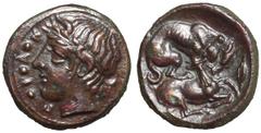 Sicily, Piakos Æ Tetras. Circa 425-420 BC. Head of river-god right, Π-I-A-K and three pellets before / Hound attacking fawn right, barley grain before. G. K. Jenkins, The Coinages of Enna, Galaria, Pi
