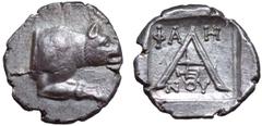 Argolis, Argos AR Triobol. Circa 80-50 BC. Phaenou, magistrate. Forepart of wolf at bay left / Large A, trident right below crossbar, ΦAH-NOY in two lines across fields; all within incuse square. BCD 