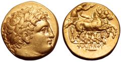 Kingdom of Macedon, Philip II AV Stater. Magnesia, circa 323-316 BC. Laureate head of Apollo right / ΦIΛIΠΠOY, charioteer, holding kentron and reins, driving racing biga to right; bee below horses, sp