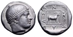 Thrace, Ainos AR Tetradrachm. Antiadas, magistrate. Circa 453-450 BC. Head of Hermes right, wearing petasos on which AINI / Goat walking right within linear frame, outside which Pan stands right holdi