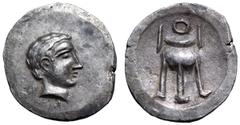 Crete, Axos AR Stater. Circa 4th century BC. Young beardless head right with short cropped hair / Tripod with handles and animal feet. Unpublished variant, for general type cf. Le Rider 238-43 pl. 8, 