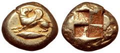 Mysia, Kyzikos EL Stater. Circa 500-450 BC. Winged dog seated to left, head reverted to right; tunny fish below to left / Quadripartite incuse square. Von Fritze 104; BMFA 1433; SNG France 245. 16.07g