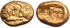 Kings of Lydia, Kroisos AV Hekte - 1/6 Stater. Light standard. Sardes, circa 560-546 BC. Confronted foreparts of lion and bull / Incuse rectangular punch. Walburg group IV, 3 (same punches); Berk 8; T