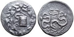 Lydia, Apollonis AR Cistophoric Tetradrachm. In the name of the Pergamene pretender Eumenes III Aristonikos. Year 3 = 132/1 BC. Cista mystica with serpent in ivy wreath / ΑΠ-ΟΛ, two serpents entwined 