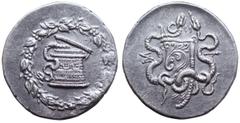Lydia, Sardes-Synnada AR Cistophoric Tetradrachm. Circa 166-160 BC. Cista mystica with serpent within ivy wreath / Two serpents entwined around bow and quiver; civic monogram to left, thyrsos to right