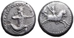 Karia, Achaemenid Period AR Tetradrachm. Circa 341-334 BC. Persian king or hero in kneeling-running stance right, drawing bow / Satrap on horseback right, thrusting spear; to left, bearded male head r