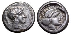 Lycia, uncertain dynast and mint AR Stater. Circa 400-390 BC. Head of Athena right, wearing decorated Attic crested helmet / Garbled legend, Female head right, wearing ampyx and sphendone. Unpublished