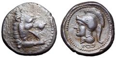 Lycia, uncertain dynast and mint AR Stater. Circa 400-370 BC. Head and forepaw of roaring lion right / Head of Athena left, wearing plain Attic crested helmet, diskeles beneath. Unpublished in the sta