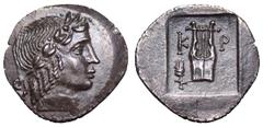 Lycia, Kragos AR Hemidrachm. Circa 48-23 BC. Laureate head of Apollo right / Lyre, K-P across, grain ear to lower left. SNG von Aulock -, cf. 4301; Troxell 106. 1.99g, 16mm, 12h. Extremely Fine. Ex Kü