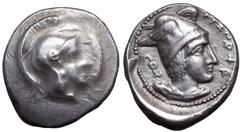 Lycia, attributed to Xanthos AR Stater. Circa 400-390 BC. Head of Athena right, wearing plain Attic crested helmet / ARÑNAHA (in Lycian), head of Hermes or Kabeiros right, wearing winged pilos, diskel