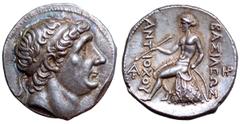 Seleukid Kings of Syria, Antiochos I Soter AR Tetradrachm. Seleukeia on the Tigris, circa 281-261 BC. Diademed head of Antiochos I to right / Apollo seated to left on omphalos, holding bow in left han